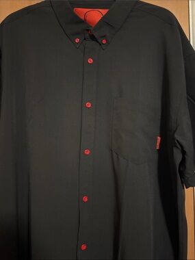 Men's Black Button-Down Shirt with Red Accents